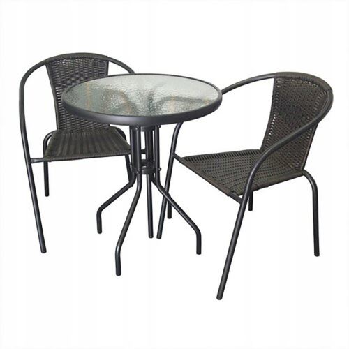 Rattan kerti garnitúra (asztal, 2 szék), bézs/fekete, műanyag-üveg-fém
