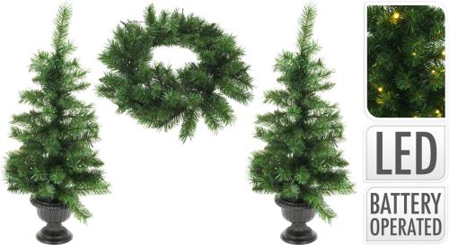 Karácsonyi szett (2xtree 90cm virágcserépben, 1x füzér 53cm+világítás) zöld